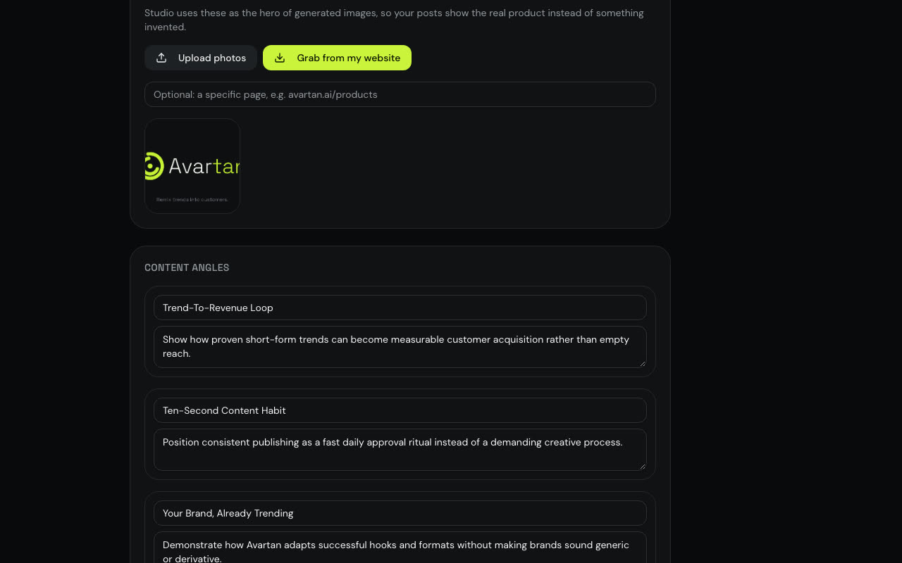 Brand profile page with product photos and content angles