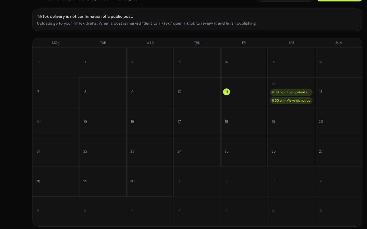 Content calendar with two scheduled posts and the publishing queue